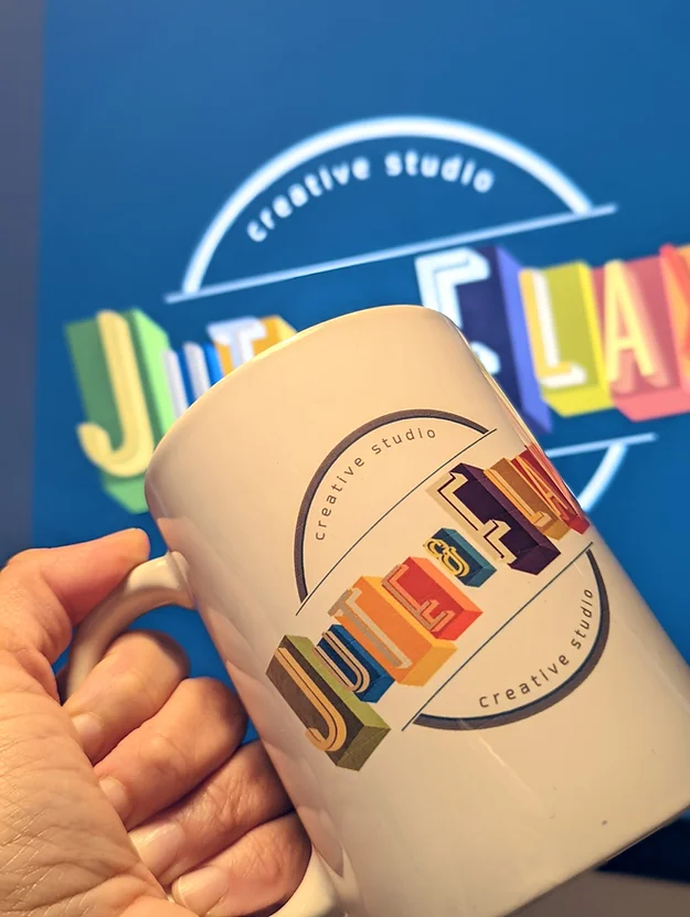 Photo of coffee mug with Jute & Flax logo